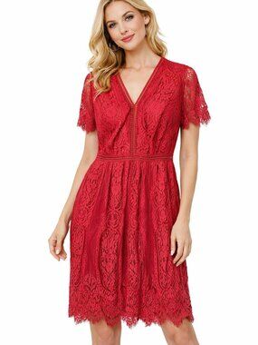 MEROKEETY Deep Rose Lace Dress V Neck XL NWT Short Sleeve Occasion